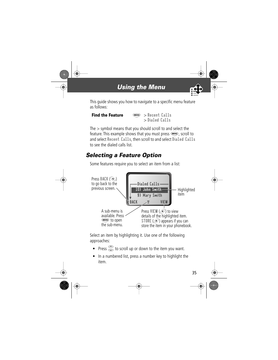 Using the menu, Selecting a feature option | Motorola V Series 120c User Manual | Page 35 / 122