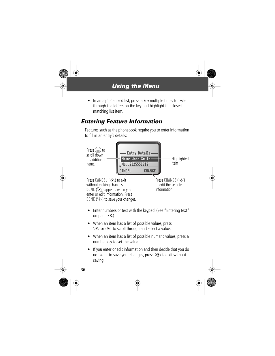 Using the menu, Entering feature information | Motorola V Series 120c User Manual | Page 36 / 122