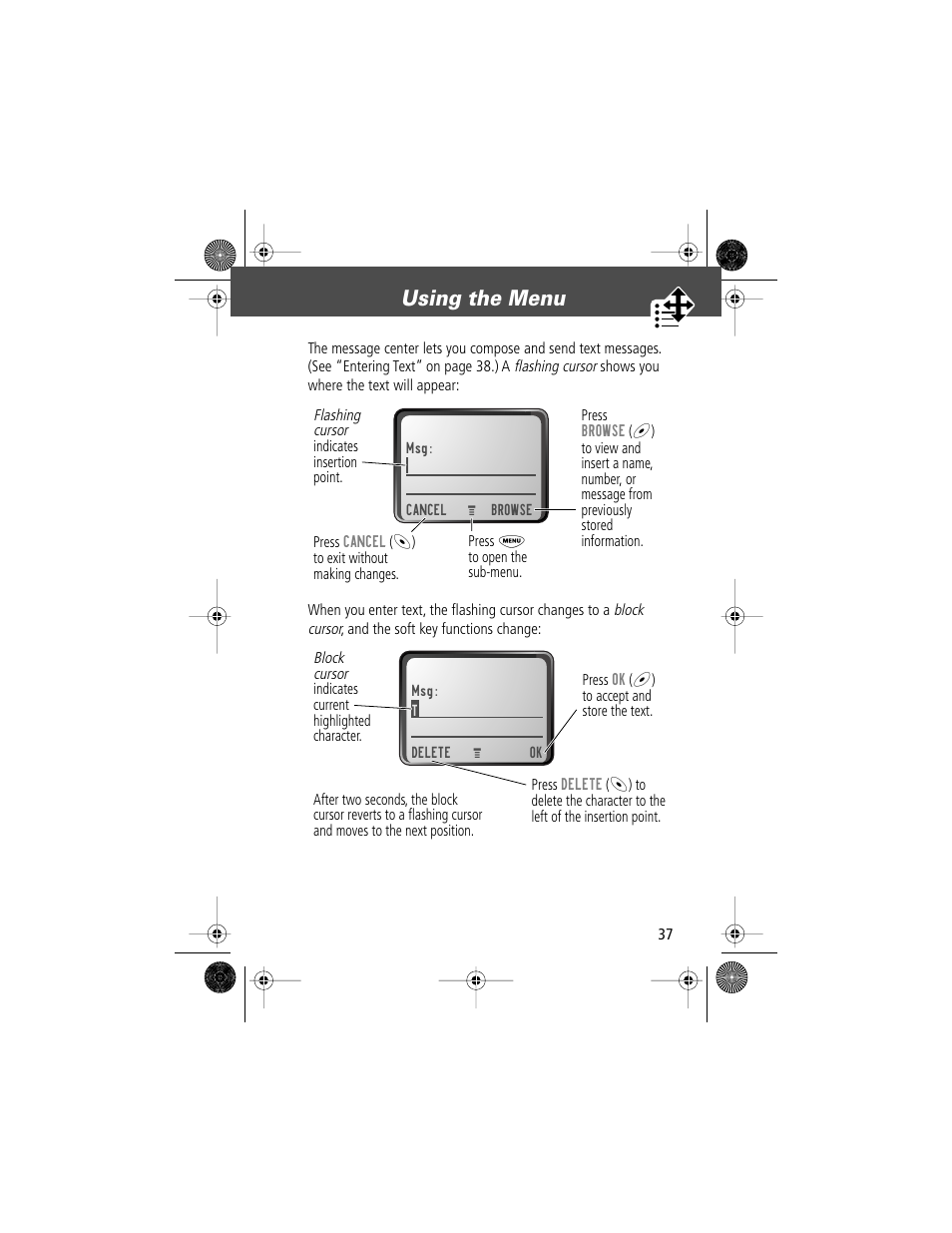 Using the menu | Motorola V Series 120c User Manual | Page 37 / 122