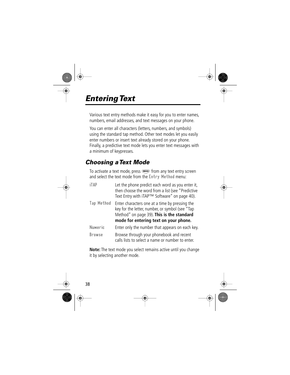 Entering text, Choosing a text mode | Motorola V Series 120c User Manual | Page 38 / 122