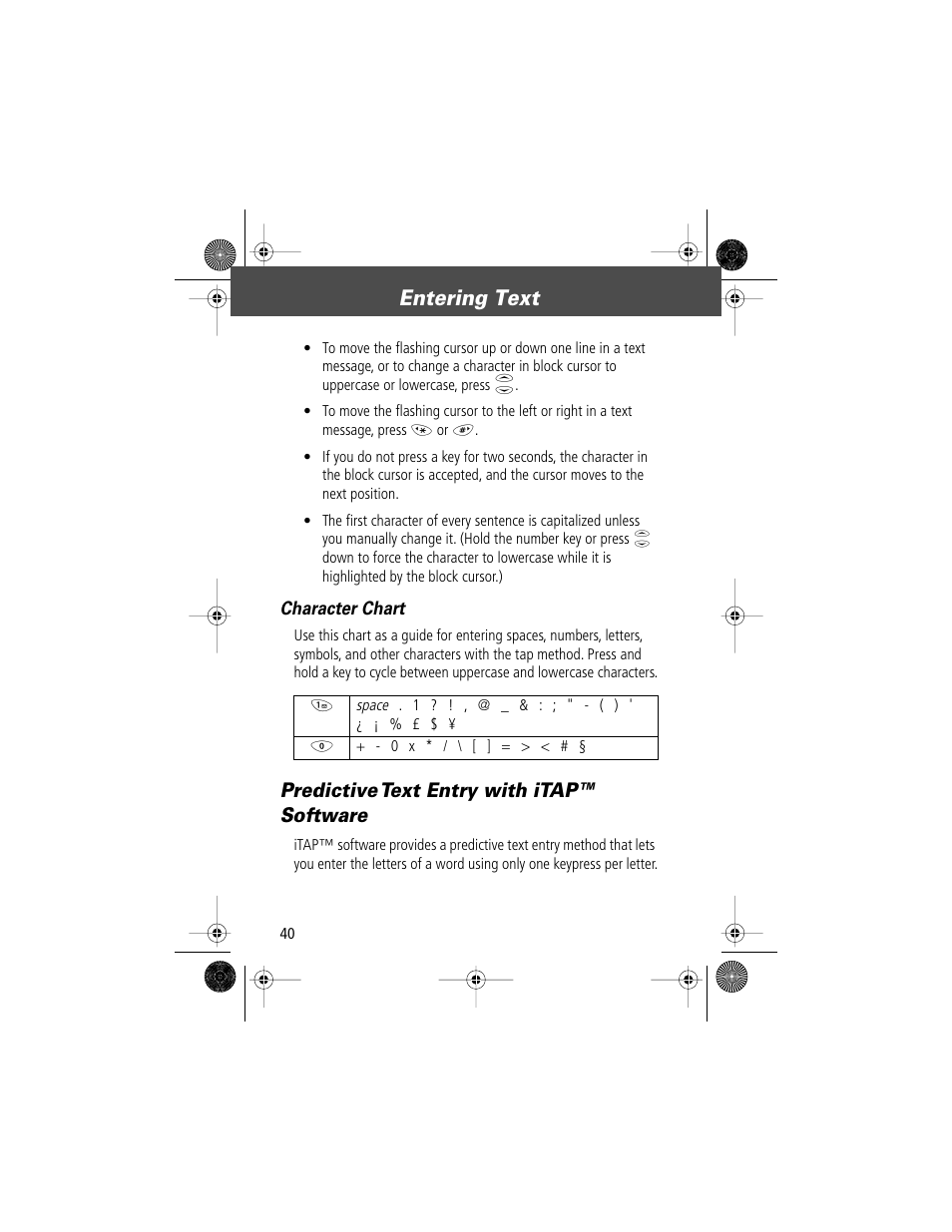 Entering text, Predictive text entry with itap™ software, Character chart | Motorola V Series 120c User Manual | Page 40 / 122