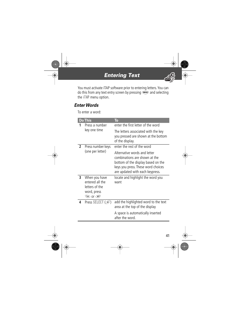 Entering text, Enter words | Motorola V Series 120c User Manual | Page 41 / 122