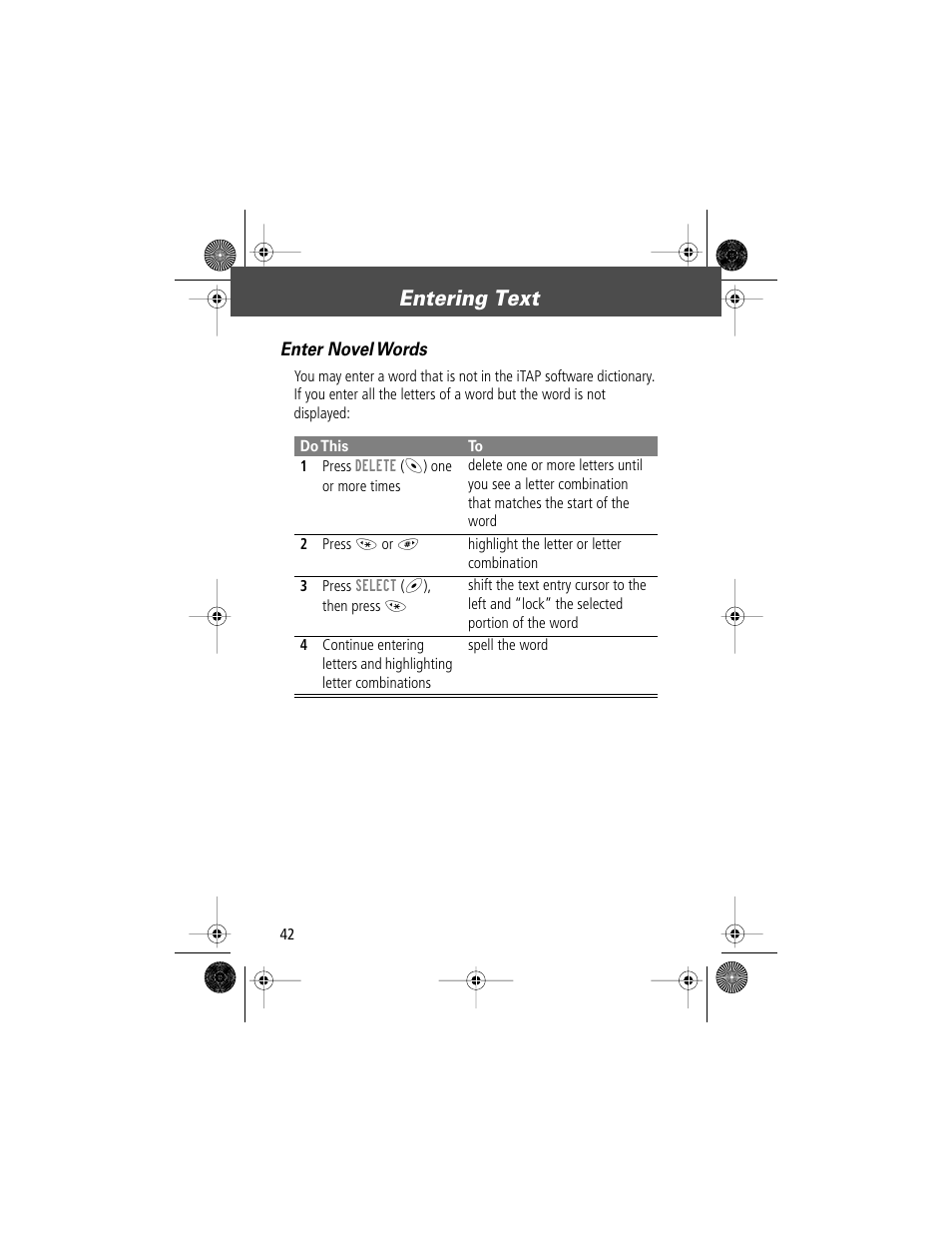 Entering text, Enter novel words | Motorola V Series 120c User Manual | Page 42 / 122