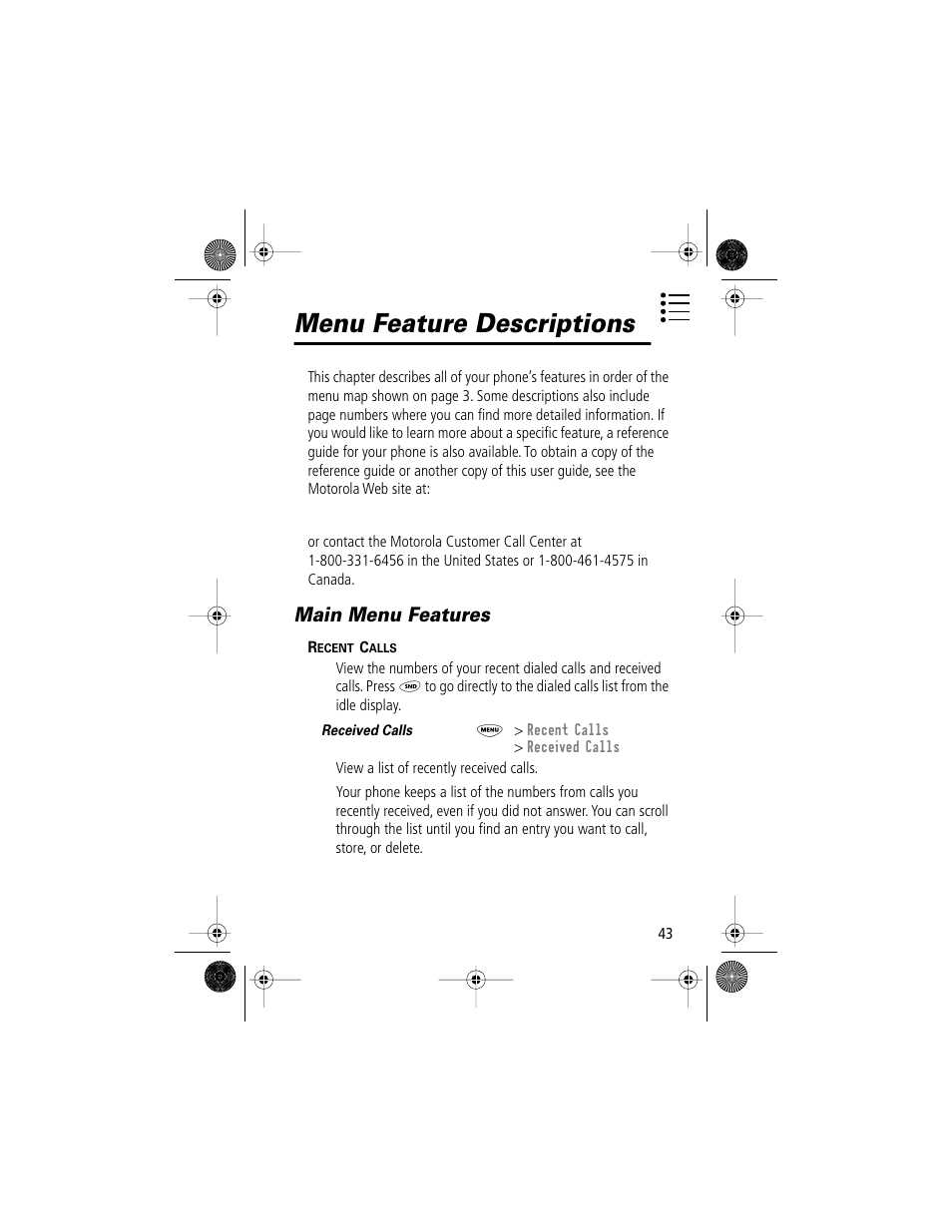 Menu feature descriptions, Main menu features | Motorola V Series 120c User Manual | Page 43 / 122