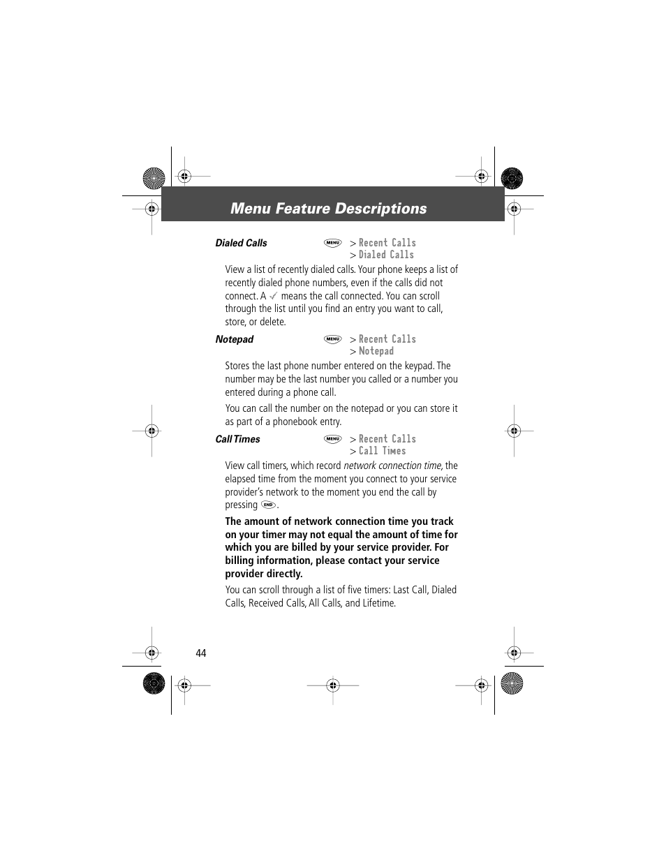 Menu feature descriptions | Motorola V Series 120c User Manual | Page 44 / 122