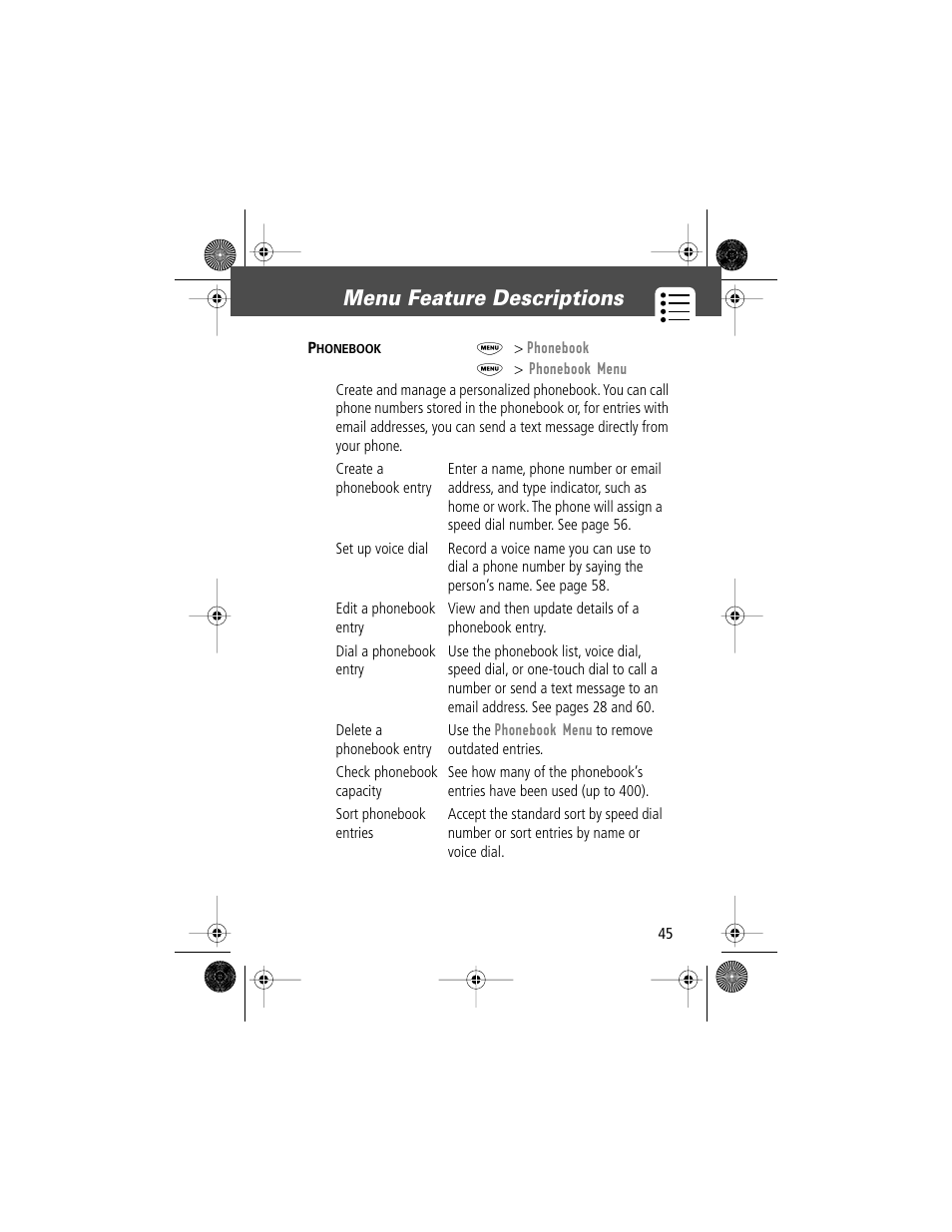 Menu feature descriptions | Motorola V Series 120c User Manual | Page 45 / 122