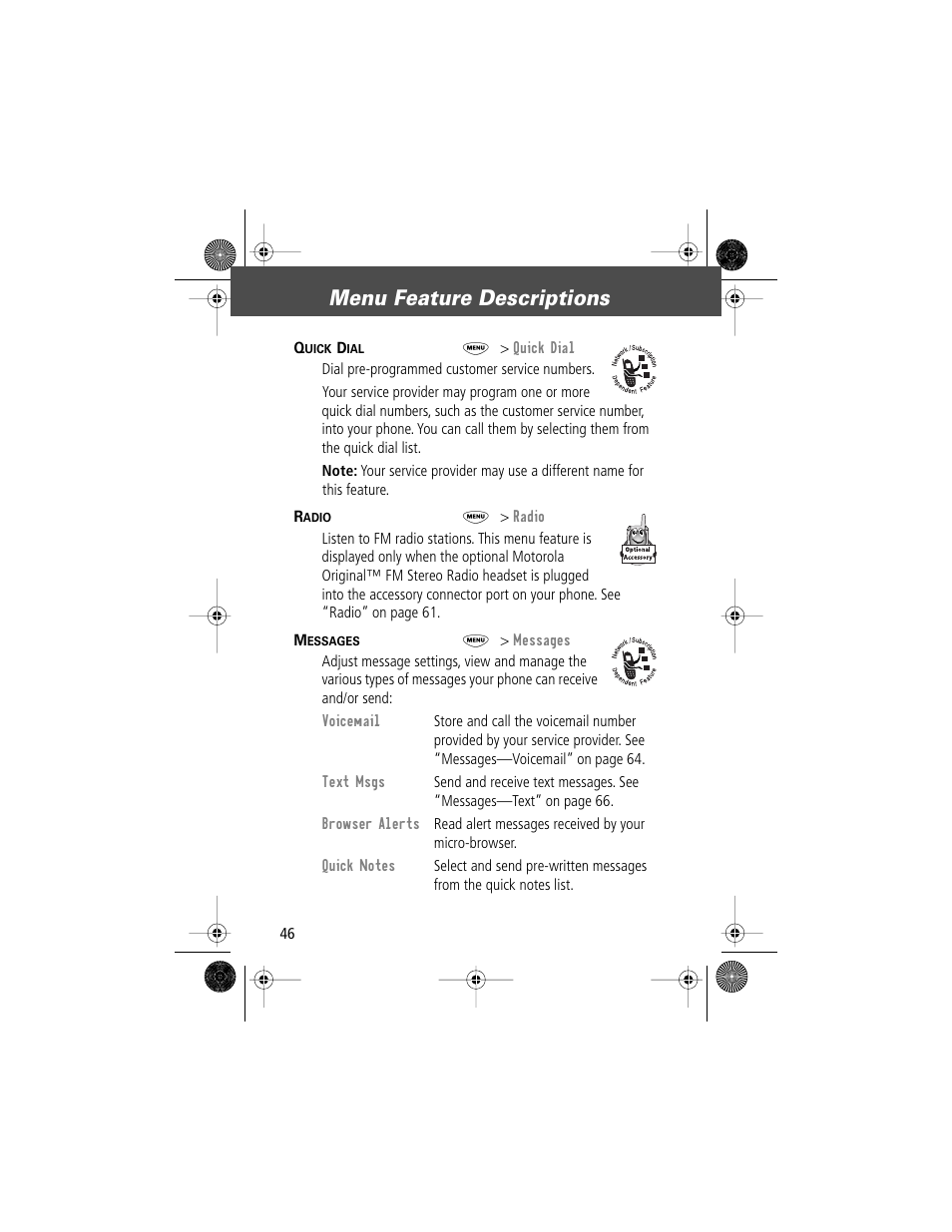 Menu feature descriptions | Motorola V Series 120c User Manual | Page 46 / 122