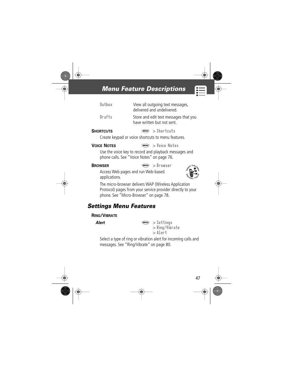 Menu feature descriptions, Settings menu features | Motorola V Series 120c User Manual | Page 47 / 122