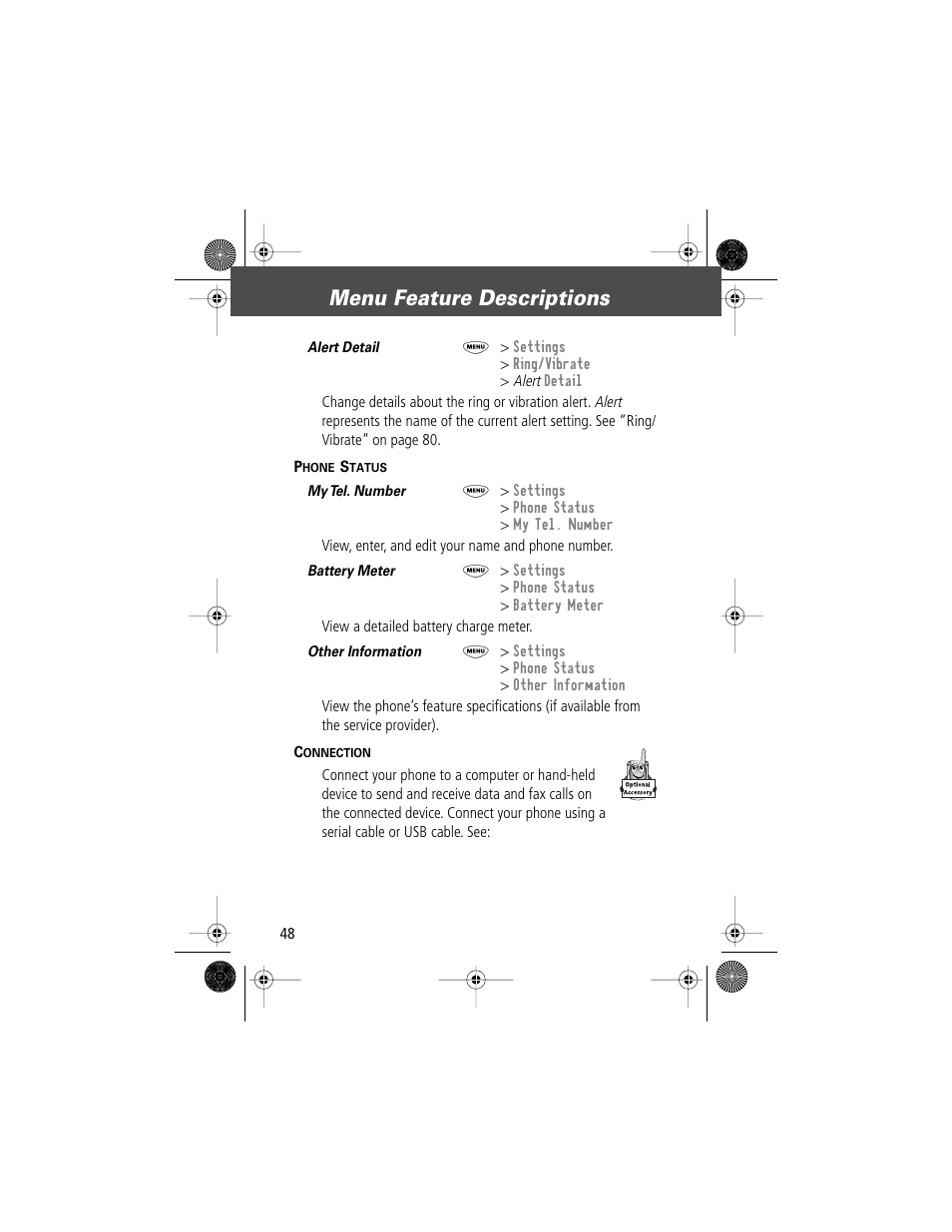 Menu feature descriptions | Motorola V Series 120c User Manual | Page 48 / 122