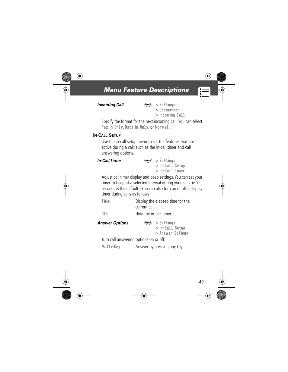 Menu feature descriptions | Motorola V Series 120c User Manual | Page 49 / 122