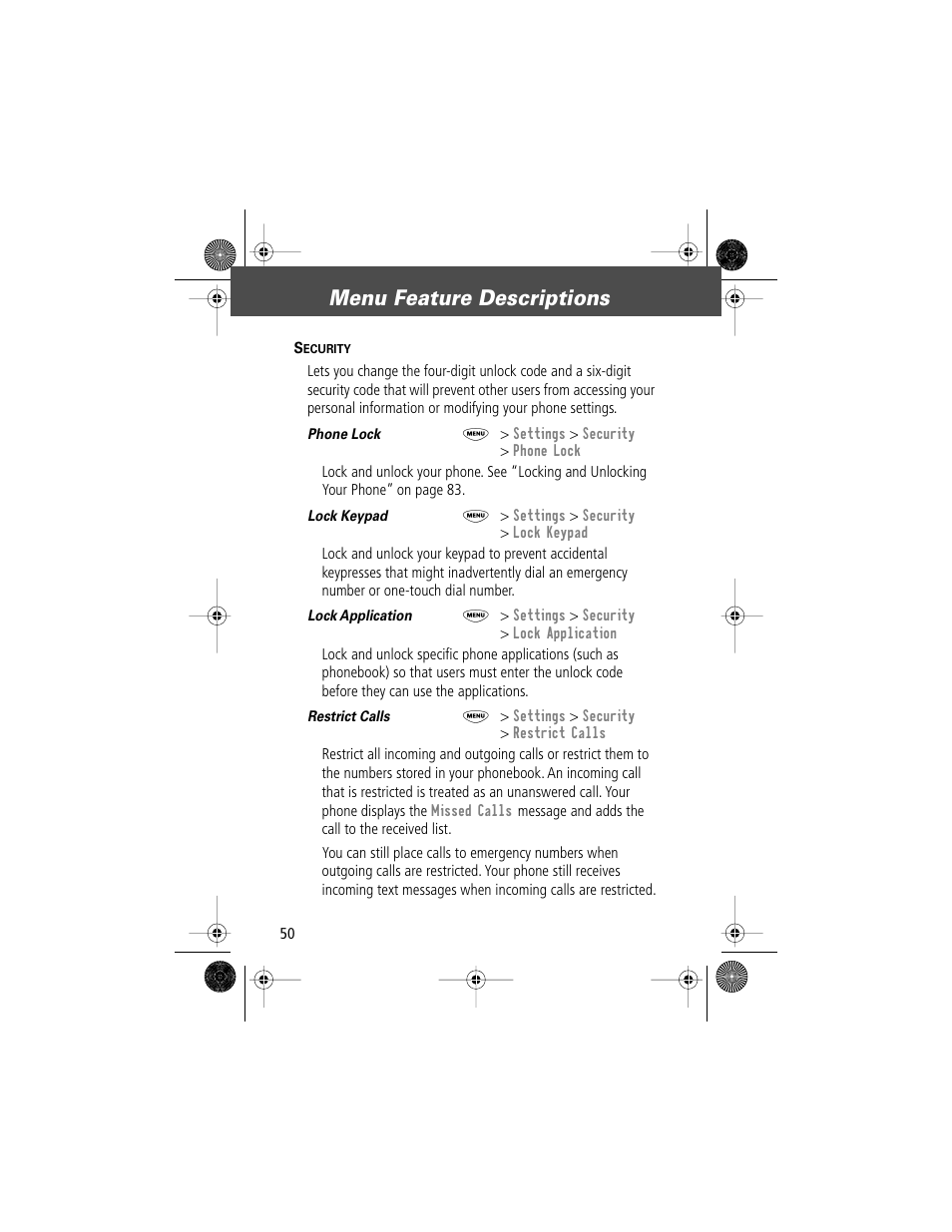 Menu feature descriptions | Motorola V Series 120c User Manual | Page 50 / 122