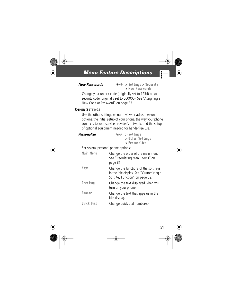 Menu feature descriptions | Motorola V Series 120c User Manual | Page 51 / 122