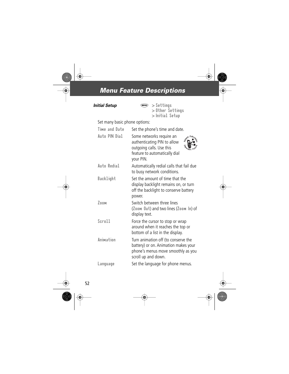 Menu feature descriptions | Motorola V Series 120c User Manual | Page 52 / 122