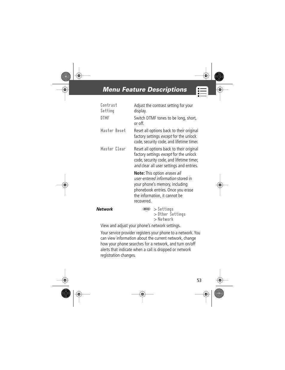 Menu feature descriptions | Motorola V Series 120c User Manual | Page 53 / 122