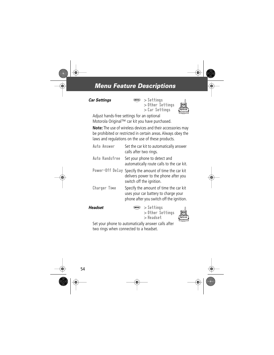 Menu feature descriptions | Motorola V Series 120c User Manual | Page 54 / 122