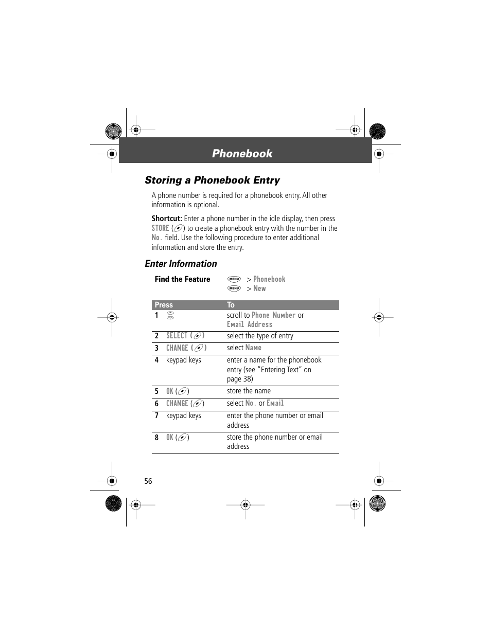 Phonebook, Storing a phonebook entry, Enter information | Motorola V Series 120c User Manual | Page 56 / 122