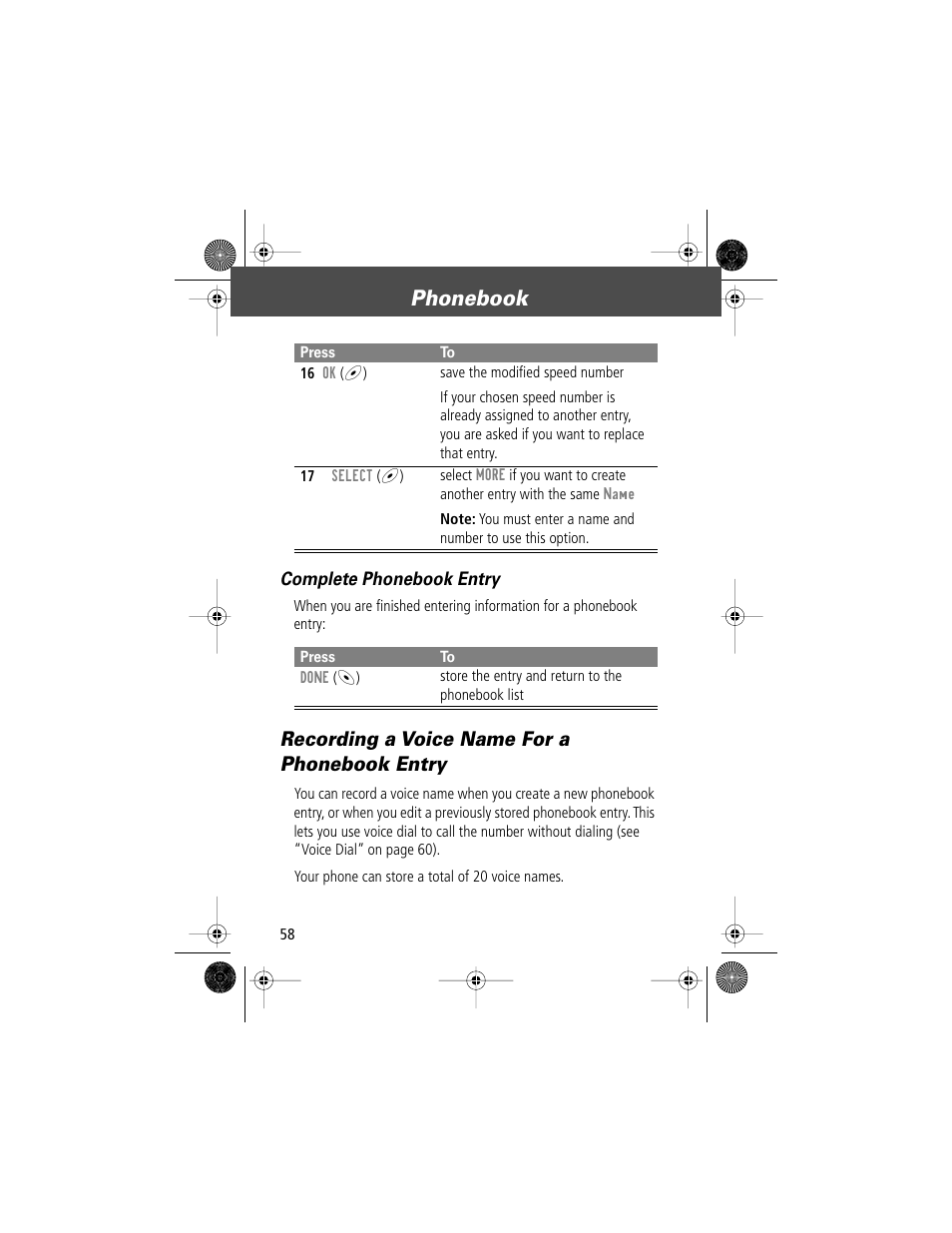 Phonebook, Recording a voice name for a phonebook entry, Complete phonebook entry | Motorola V Series 120c User Manual | Page 58 / 122