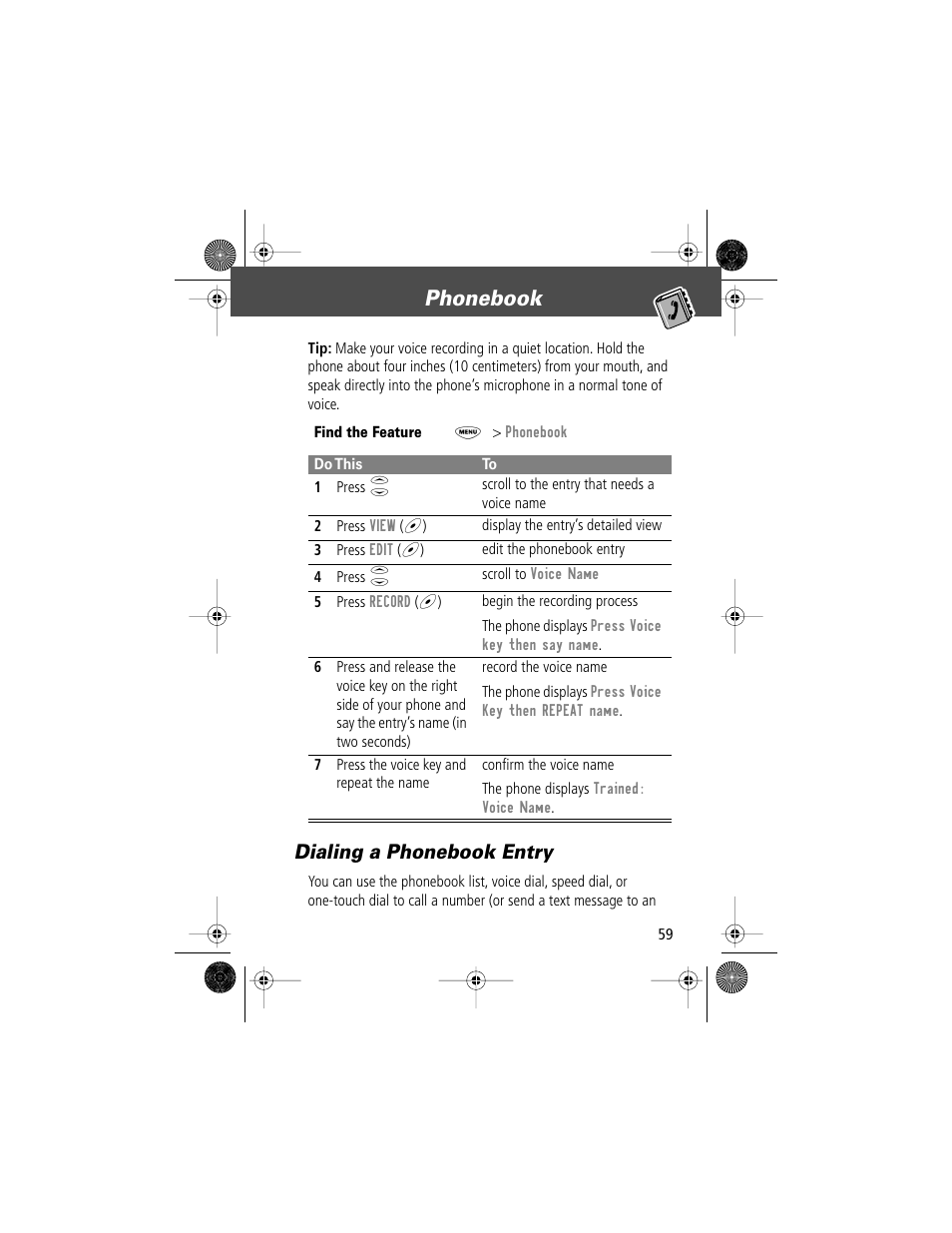 Phonebook, Dialing a phonebook entry | Motorola V Series 120c User Manual | Page 59 / 122