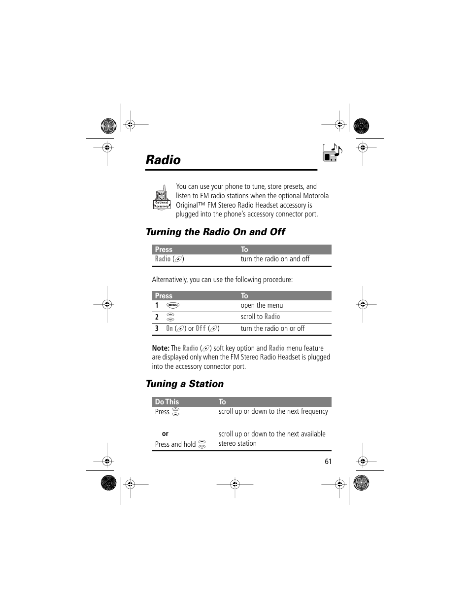 Radio, Turning the radio on and off, Tuning a station | Motorola V Series 120c User Manual | Page 61 / 122