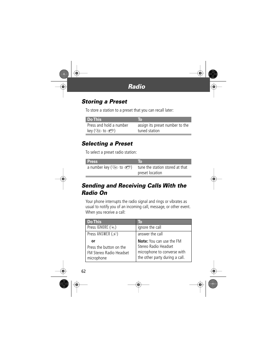 Radio, Storing a preset, Selecting a preset | Sending and receiving calls with the radio on | Motorola V Series 120c User Manual | Page 62 / 122