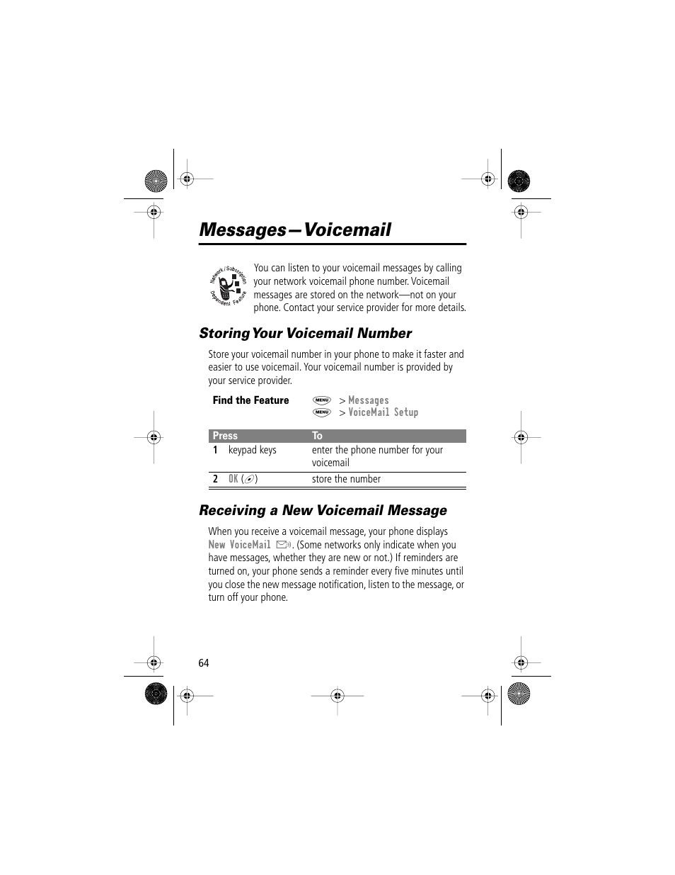 Messages—voicemail, Storing your voicemail number, Receiving a new voicemail message | Motorola V Series 120c User Manual | Page 64 / 122