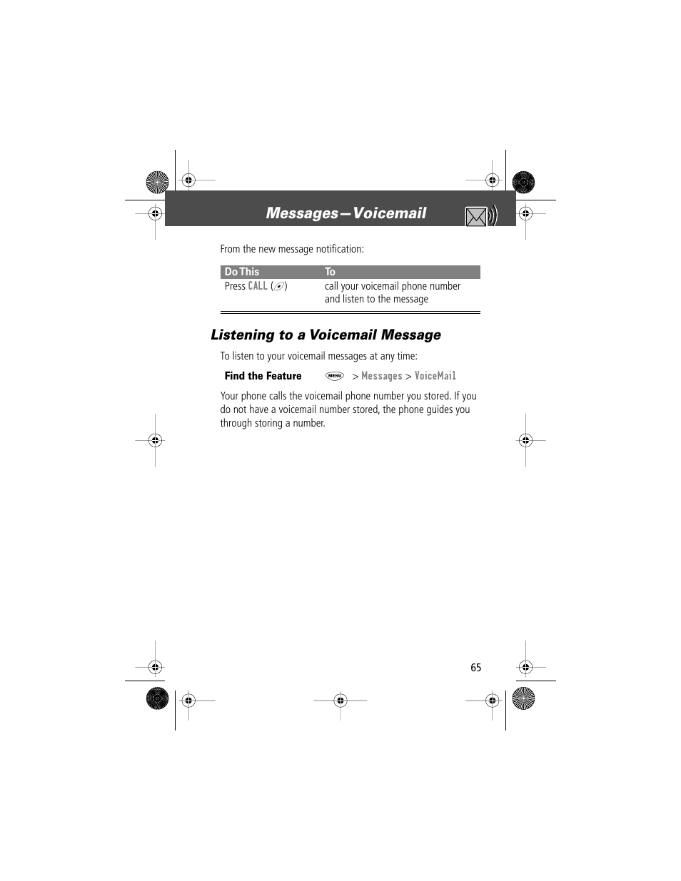 Messages—voicemail, Listening to a voicemail message | Motorola V Series 120c User Manual | Page 65 / 122