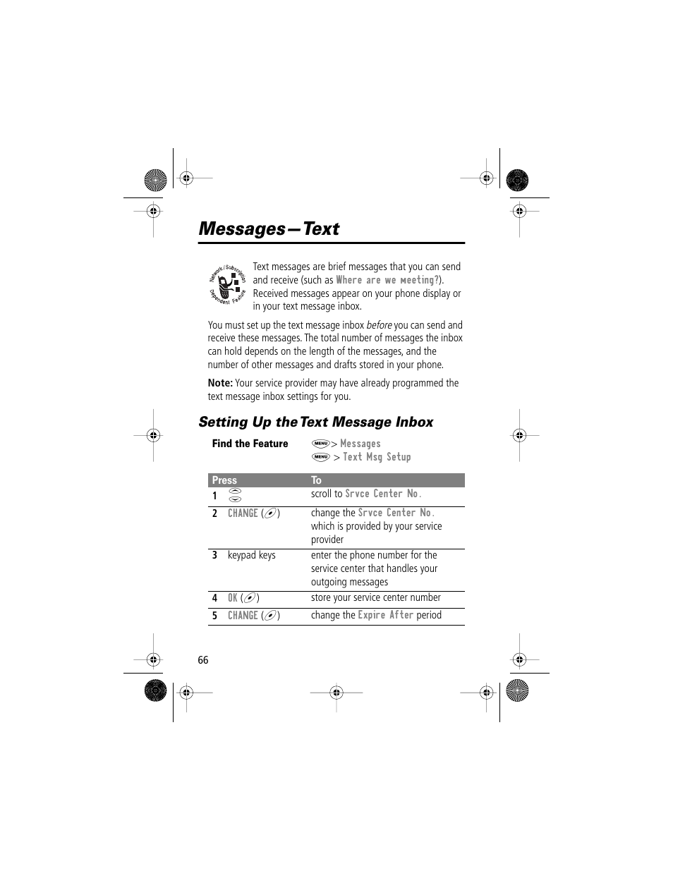 Messages—text, Setting up the text message inbox | Motorola V Series 120c User Manual | Page 66 / 122