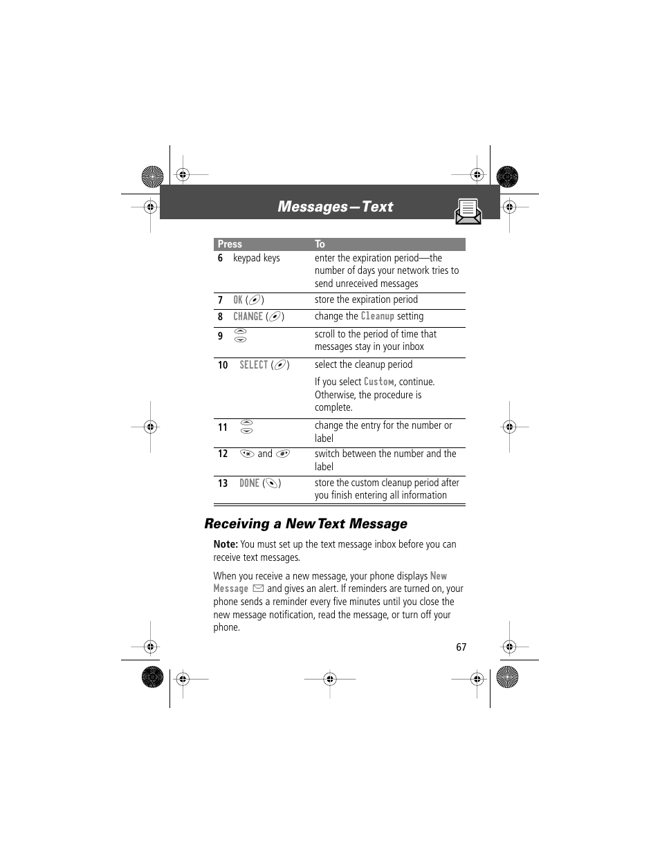 Messages—text, Receiving a new text message | Motorola V Series 120c User Manual | Page 67 / 122