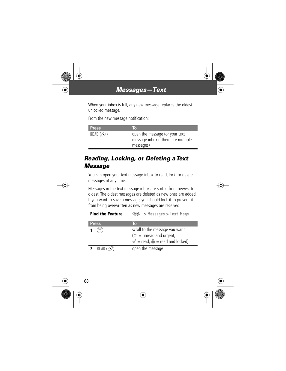 Messages—text, Reading, locking, or deleting a text message | Motorola V Series 120c User Manual | Page 68 / 122