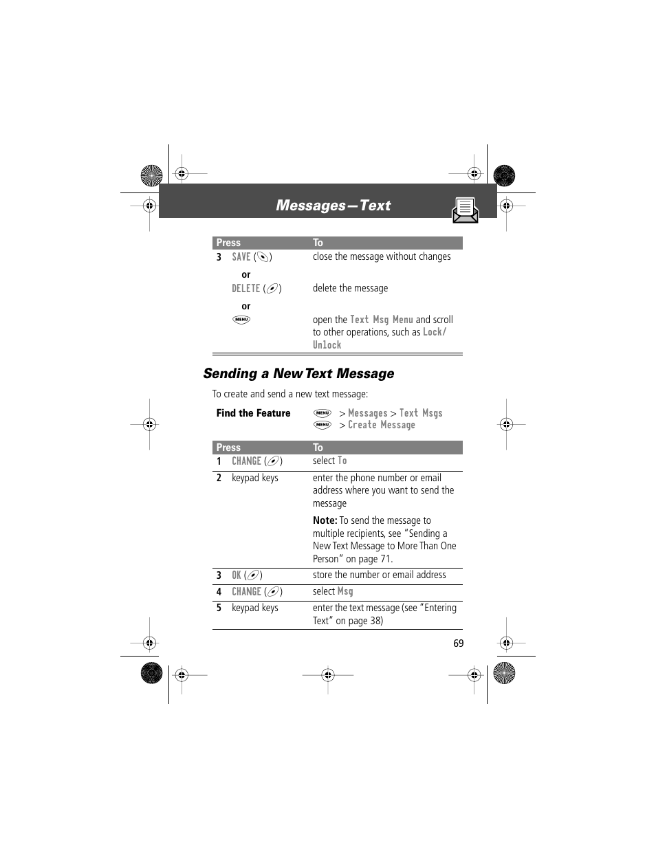 Messages—text, Sending a new text message | Motorola V Series 120c User Manual | Page 69 / 122