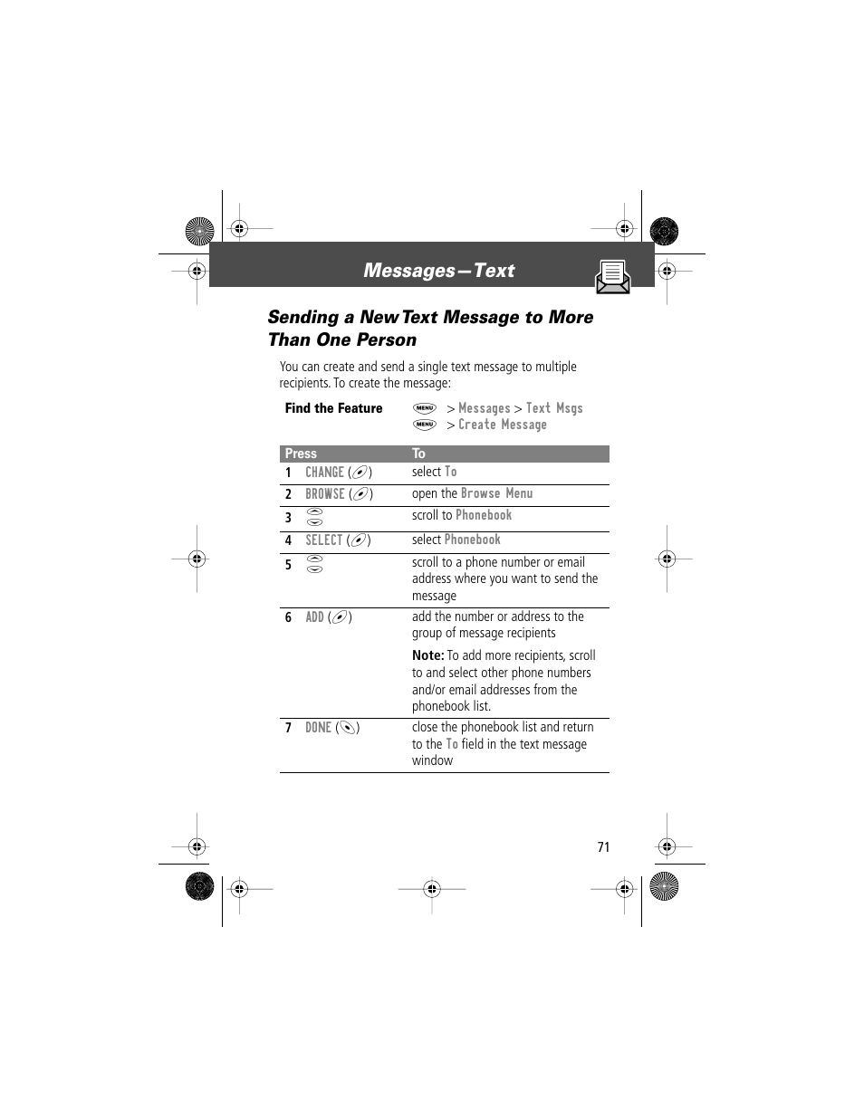 Messages—text, Sending a new text message to more than one person | Motorola V Series 120c User Manual | Page 71 / 122