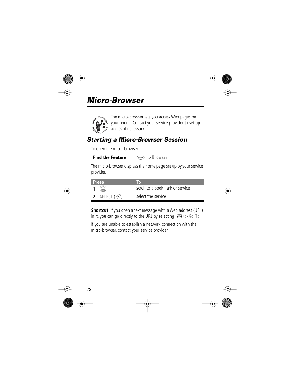 Micro-browser, Starting a micro-browser session | Motorola V Series 120c User Manual | Page 78 / 122