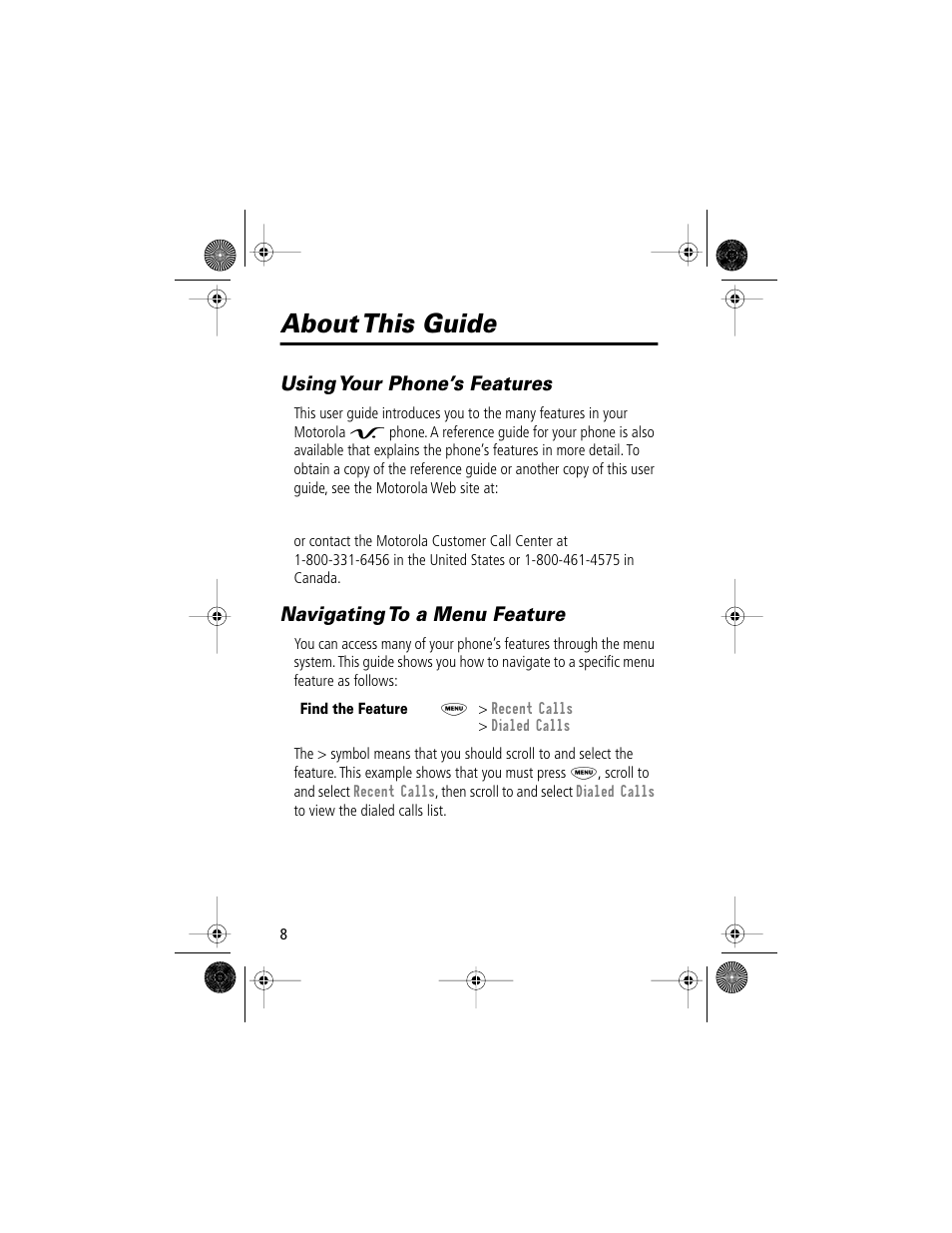 About this guide, Using your phone’s features, Navigating to a menu feature | Motorola V Series 120c User Manual | Page 8 / 122