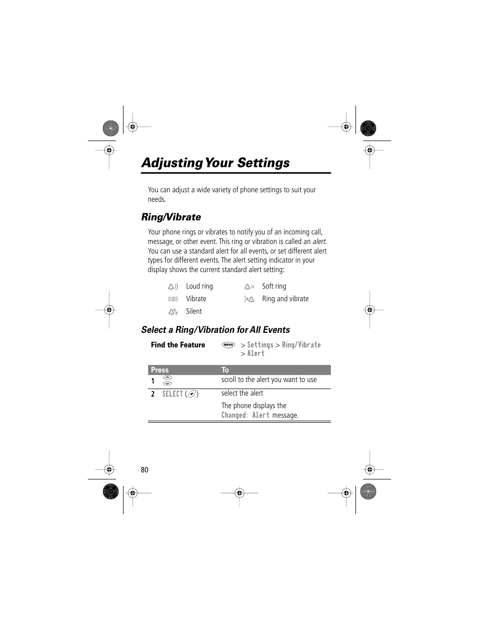 Adjusting your settings, Ring/vibrate | Motorola V Series 120c User Manual | Page 80 / 122