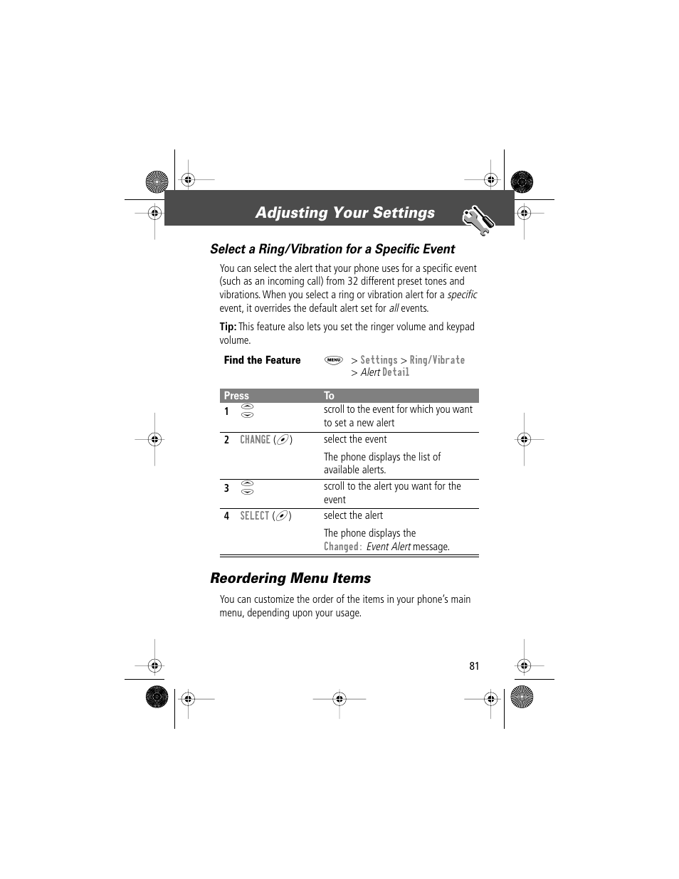 Adjusting your settings, Reordering menu items, Select a ring/vibration for a specific event | Motorola V Series 120c User Manual | Page 81 / 122