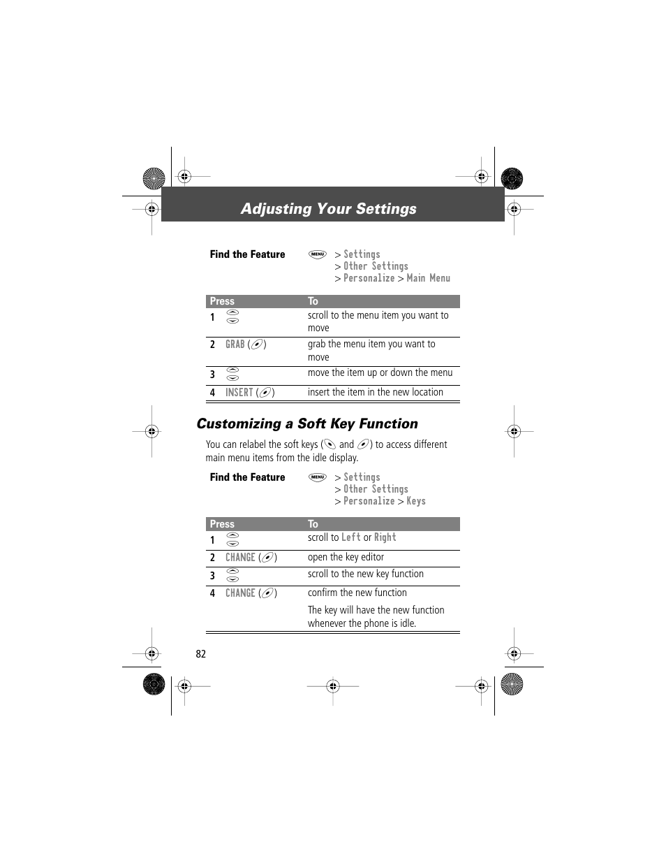 Adjusting your settings, Customizing a soft key function | Motorola V Series 120c User Manual | Page 82 / 122