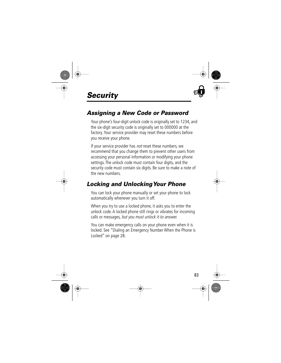 Security, Assigning a new code or password, Locking and unlocking your phone | Motorola V Series 120c User Manual | Page 83 / 122