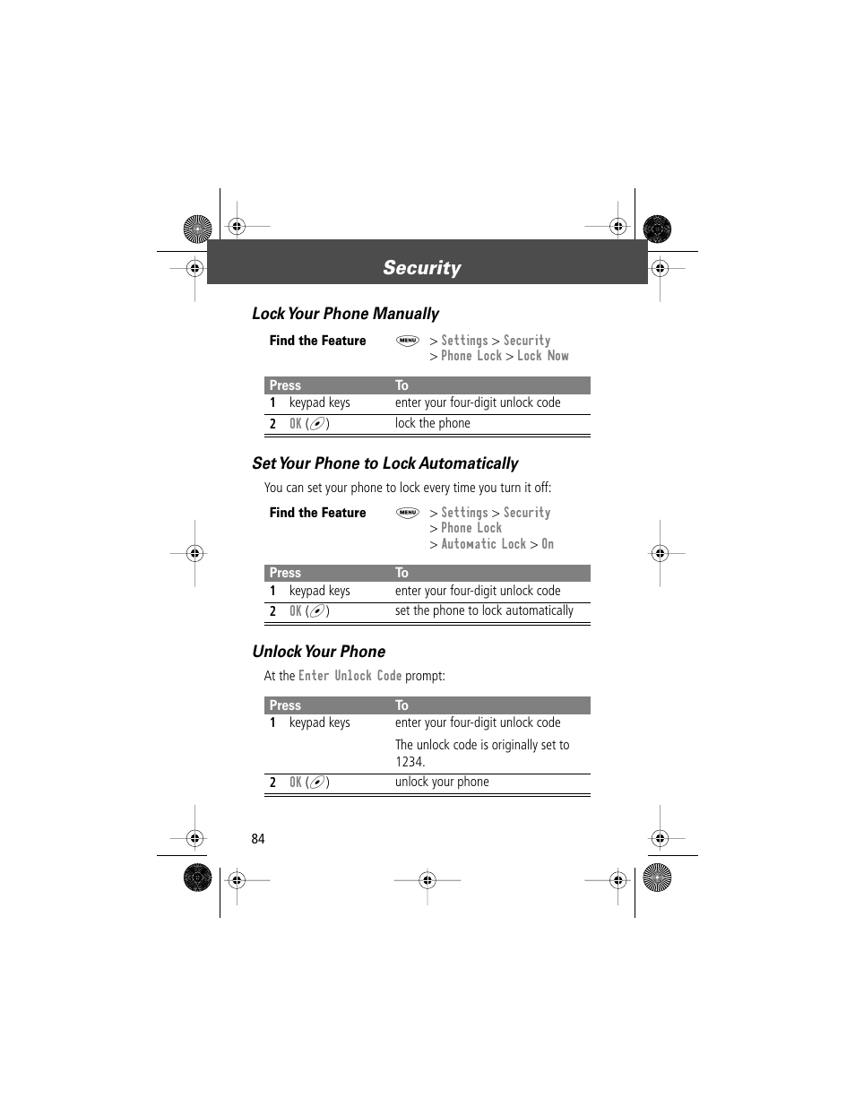 Security, Unlock your phone | Motorola V Series 120c User Manual | Page 84 / 122