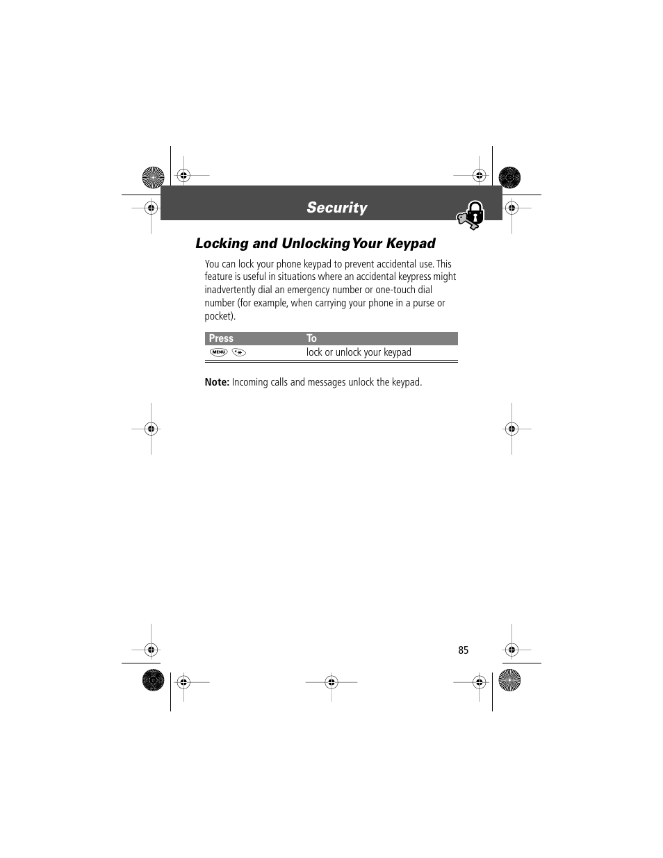 Security, Locking and unlocking your keypad | Motorola V Series 120c User Manual | Page 85 / 122