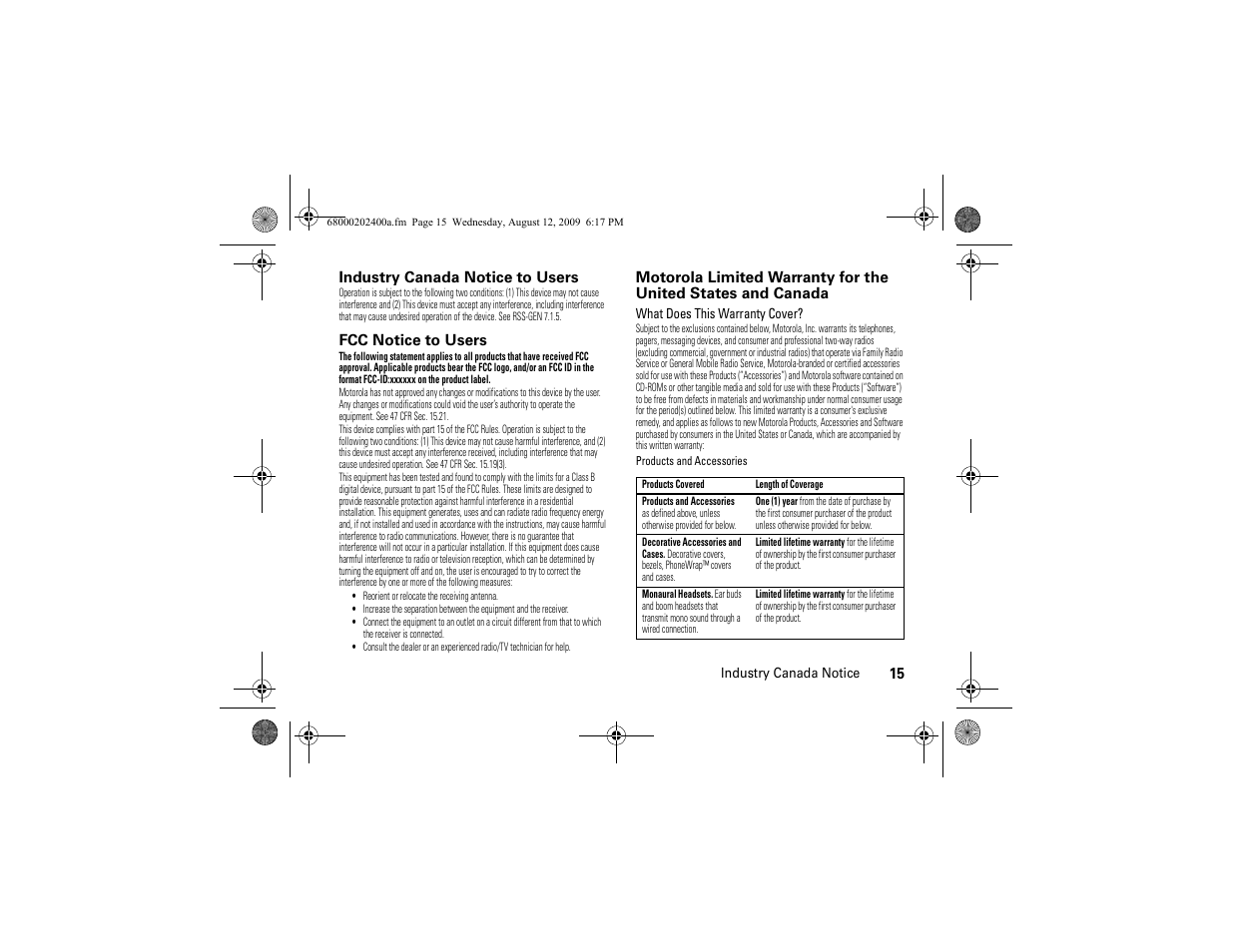 Industry canada notice, Fcc notice, Warranty | Motorola MOTONAV TN500 Series User Manual | Page 17 / 22