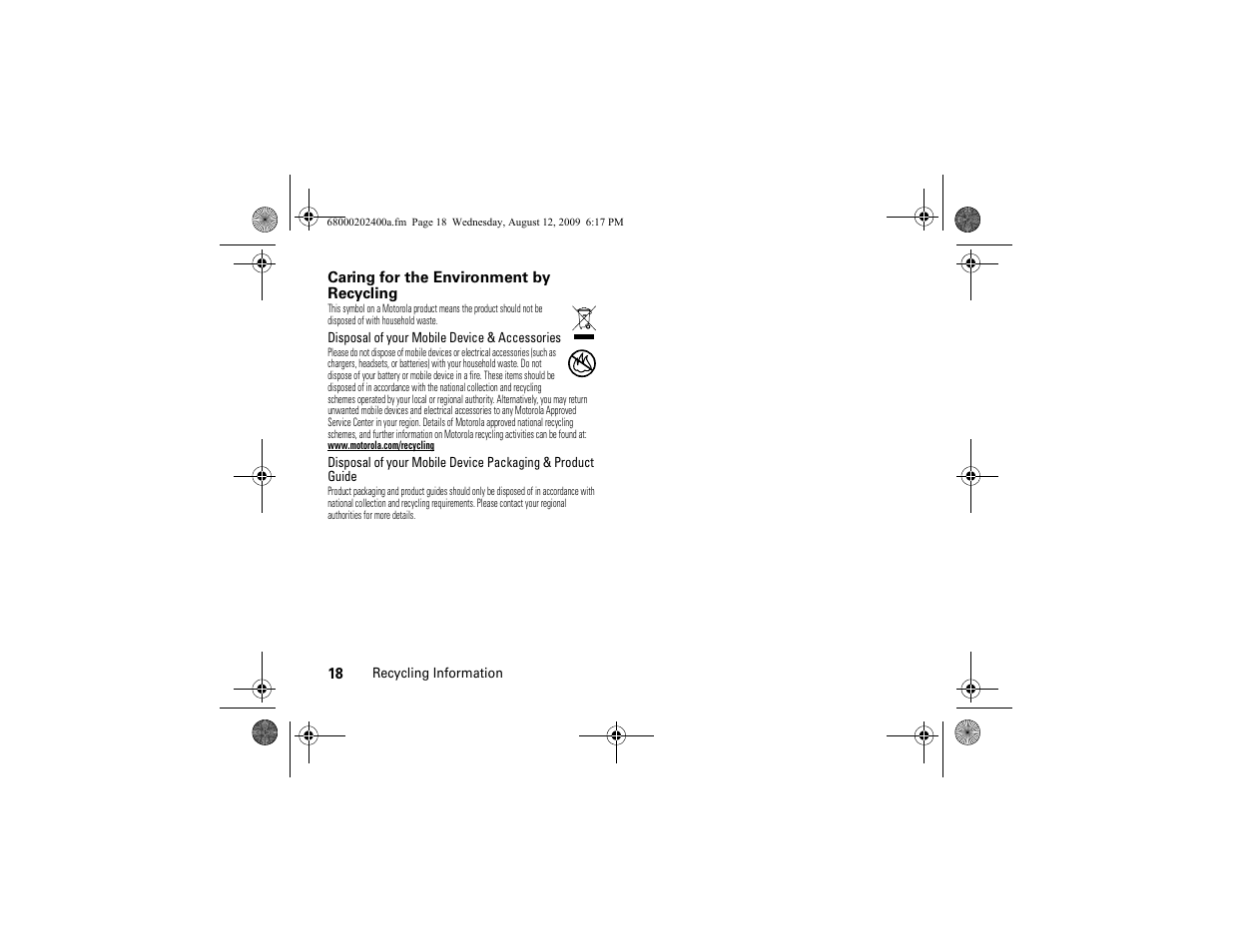 Recycling information | Motorola MOTONAV TN500 Series User Manual | Page 20 / 22