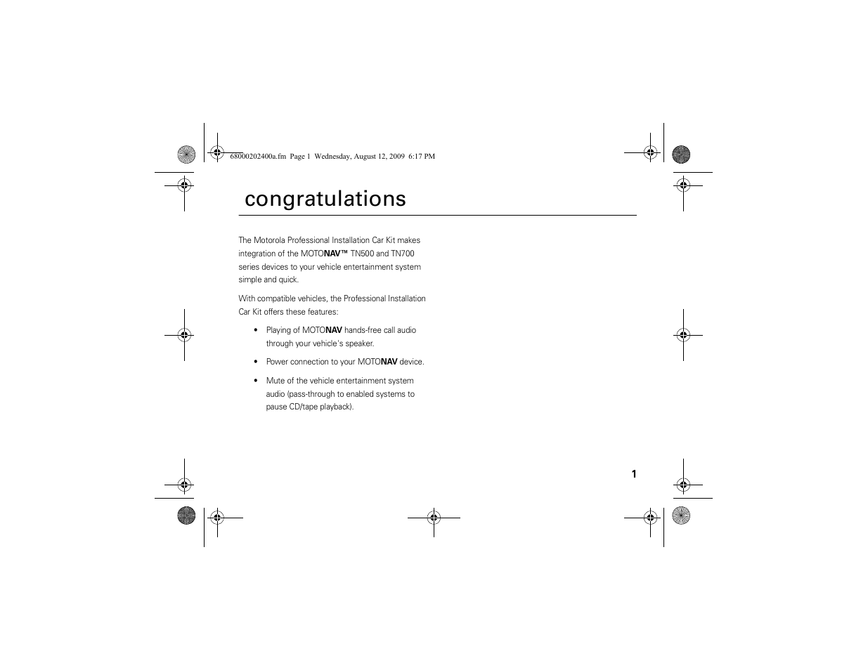 Congratulations | Motorola MOTONAV TN500 Series User Manual | Page 3 / 22
