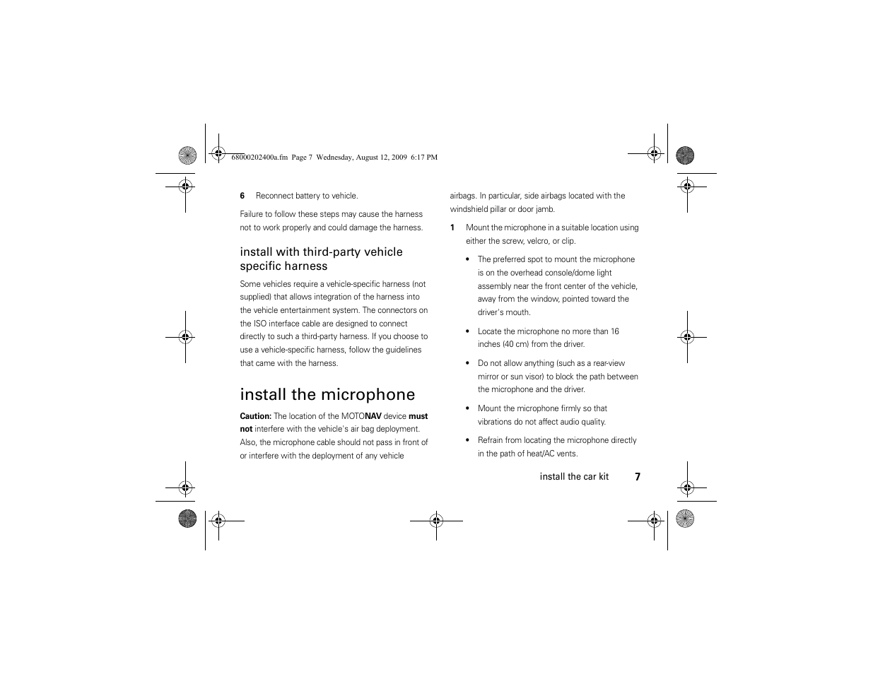 Install the microphone, Install with third-party vehicle specific harness | Motorola MOTONAV TN500 Series User Manual | Page 9 / 22