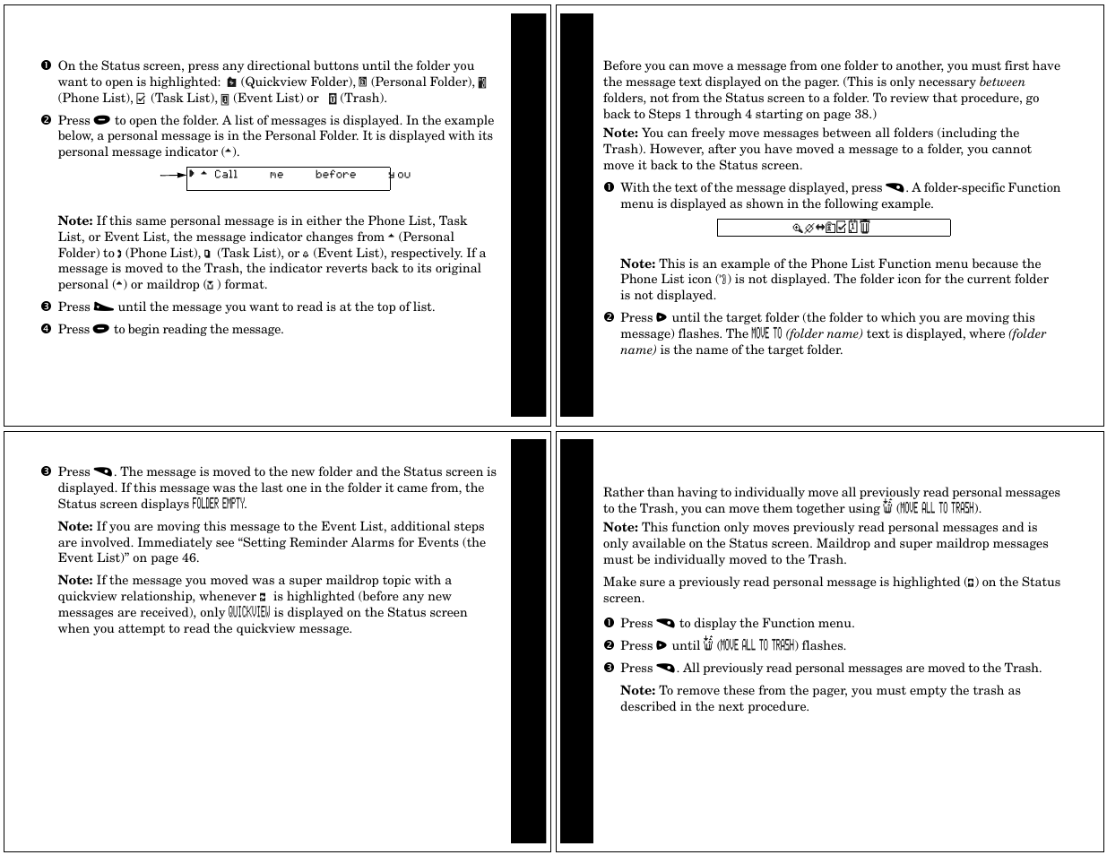 Reading messages in folders, Moving messages between folders, Moving all personal messages to the trash | Motorola CP1250 User Manual | Page 11 / 17