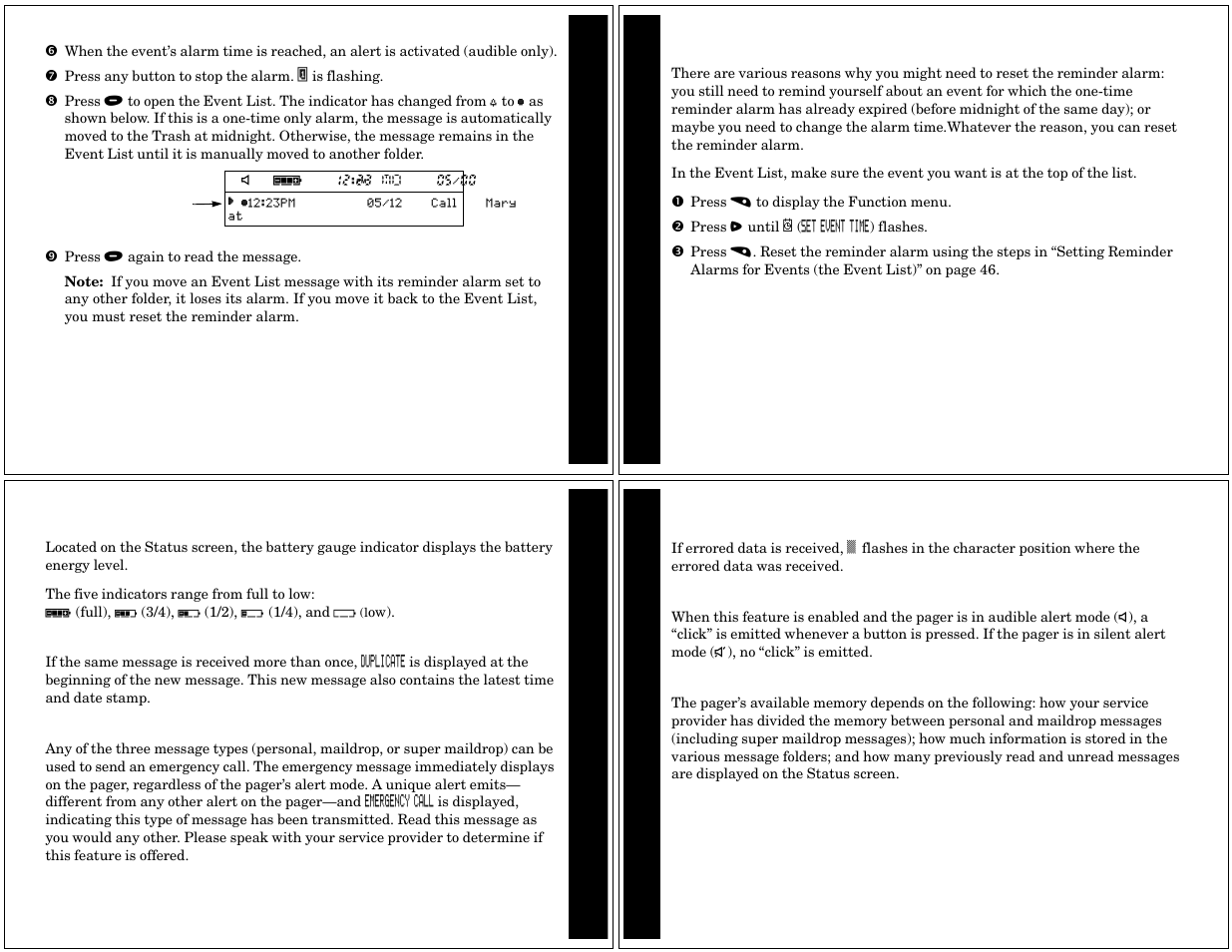 Changing the reminder alarm (in the event list), Features, Battery gauge | Duplicate messages, Emergency call, Errored data indicator, Key click, Memory capacity | Motorola CP1250 User Manual | Page 13 / 17