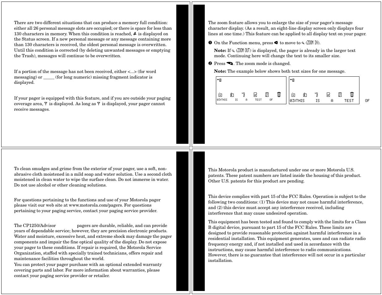 Memory full indicator, Missing fragment indicators, Out of range | Zooming in and out on messages, Use and care, Care and maintenance, Patent information, Regulatory agency compliance | Motorola CP1250 User Manual | Page 14 / 17