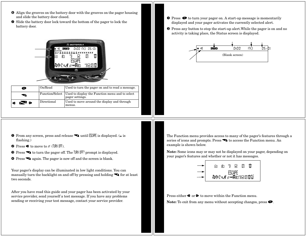 Control buttons and status screen, Backlight, Sending a test message | The function menu | Motorola CP1250 User Manual | Page 2 / 17