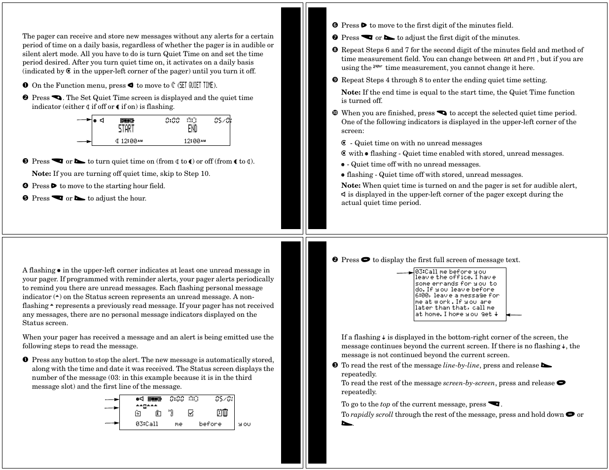 Quiet time, Personal messages, Receiving/ reading a personal message | Motorola CP1250 User Manual | Page 4 / 17