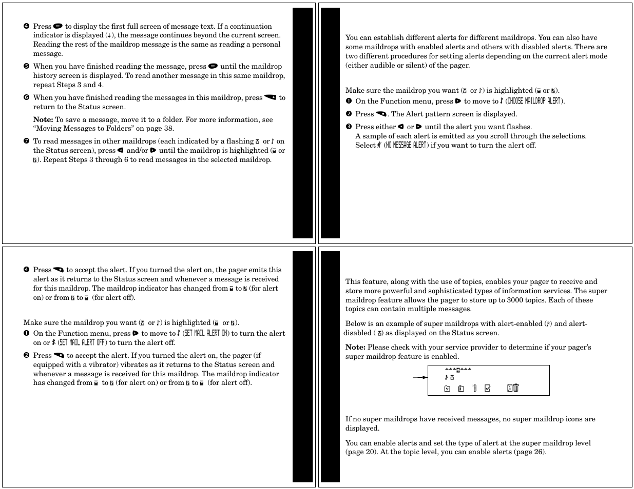 Setting alert for a specific maildrop, Receiving/ reading super maildrop messages | Motorola CP1250 User Manual | Page 6 / 17