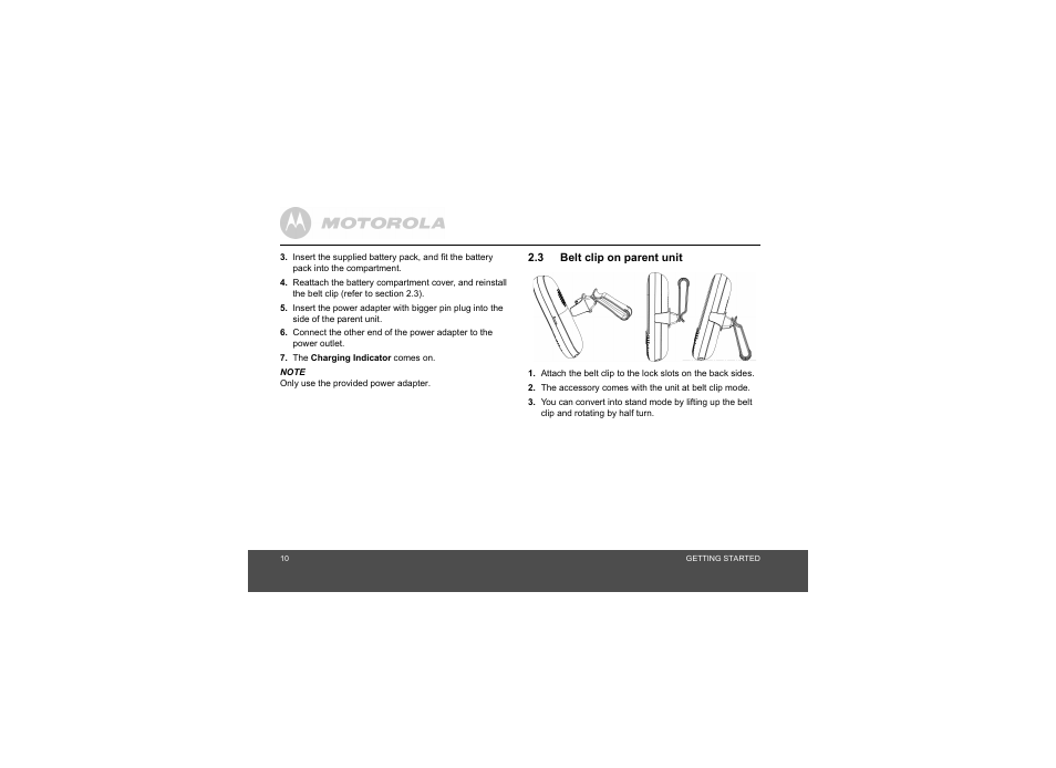 3 belt clip on parent unit | Motorola MBP20 User Manual | Page 10 / 23